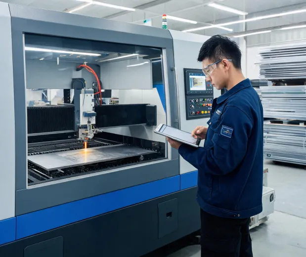 Laser cutting service engineer checking process data